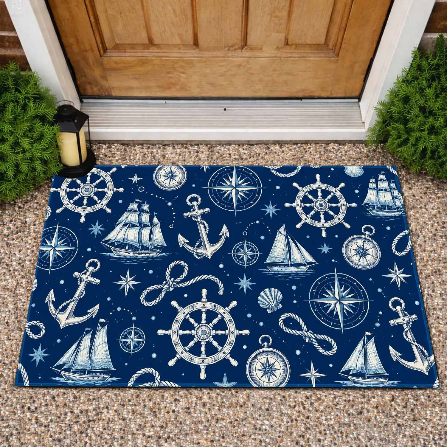 Nautical Compass Roses, Anchors and Ship Wheels for Coastal Entryways and Seaside Homes Doormat - 1