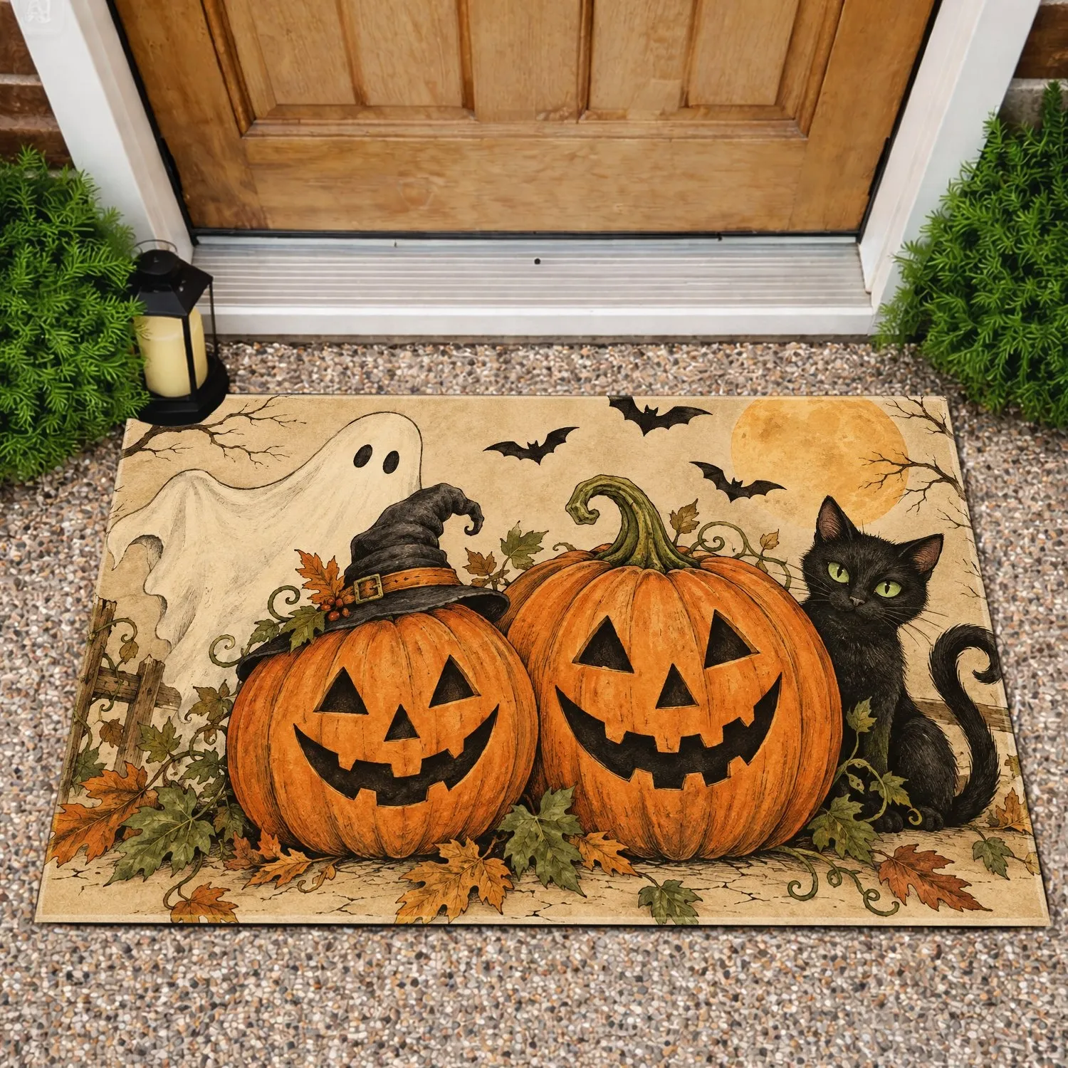 Jack-O’-Lanterns, Ghost And Black Cat For A Spooky Halloween Entryway Doormat - 1