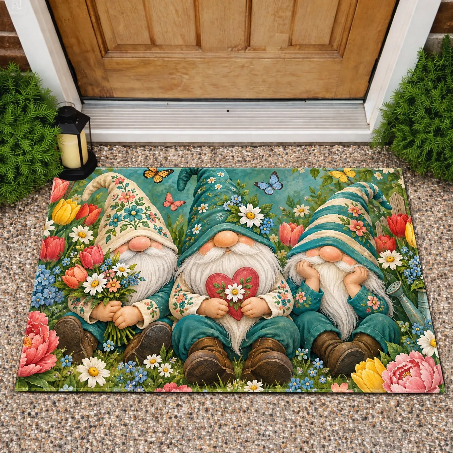 Three Garden Gnomes With Tulips And Butterflies For A Cheerful Springtime Home Entry Doormat - 1