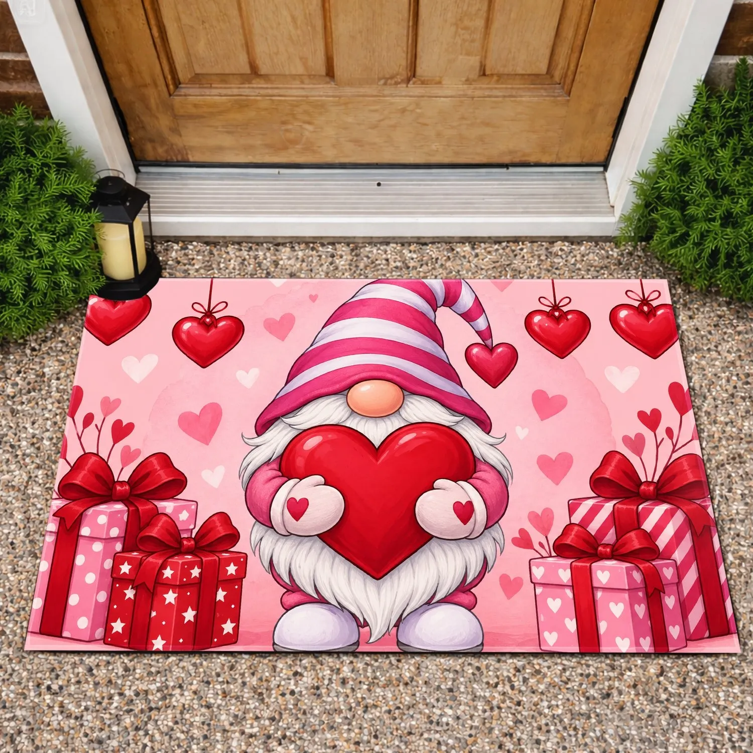 Valentine Gnome Holding a Heart with Gifts for Sweet Seasonal Celebrations Doormat - 1