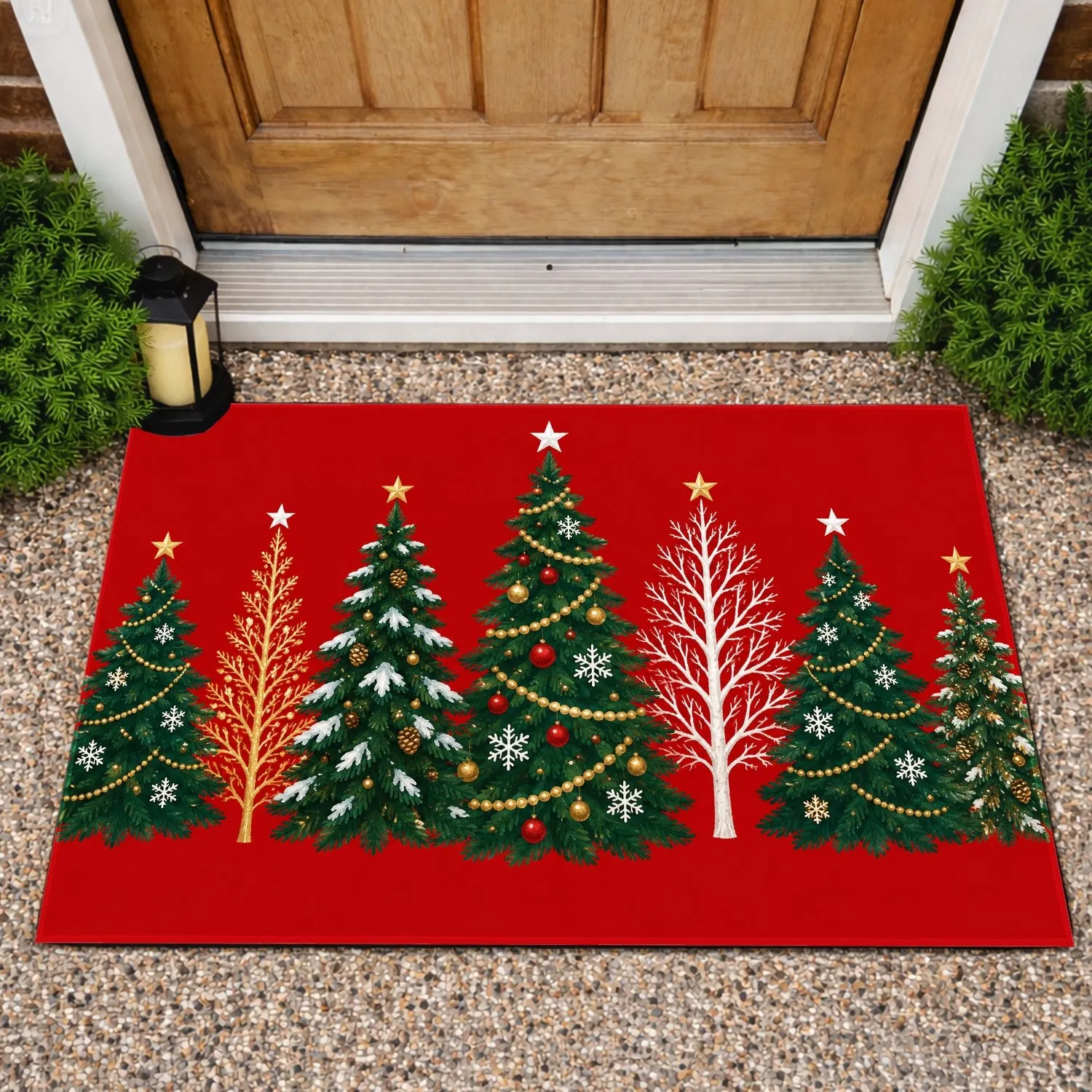 Seven Christmas Trees With Gold Stars for Festive Holiday Home Decorating Doormat - 1