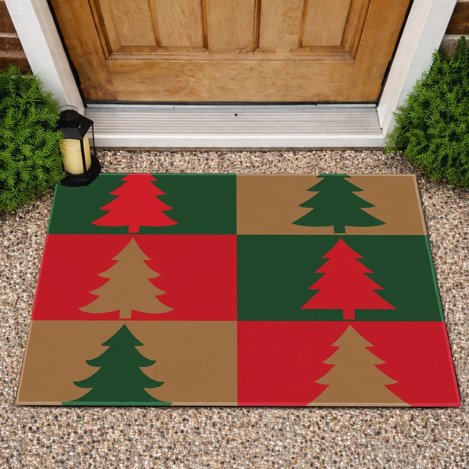 Red Green And Brown Christmas Tree Blocks For Cozy Holiday Home Decorating Doormat - 1