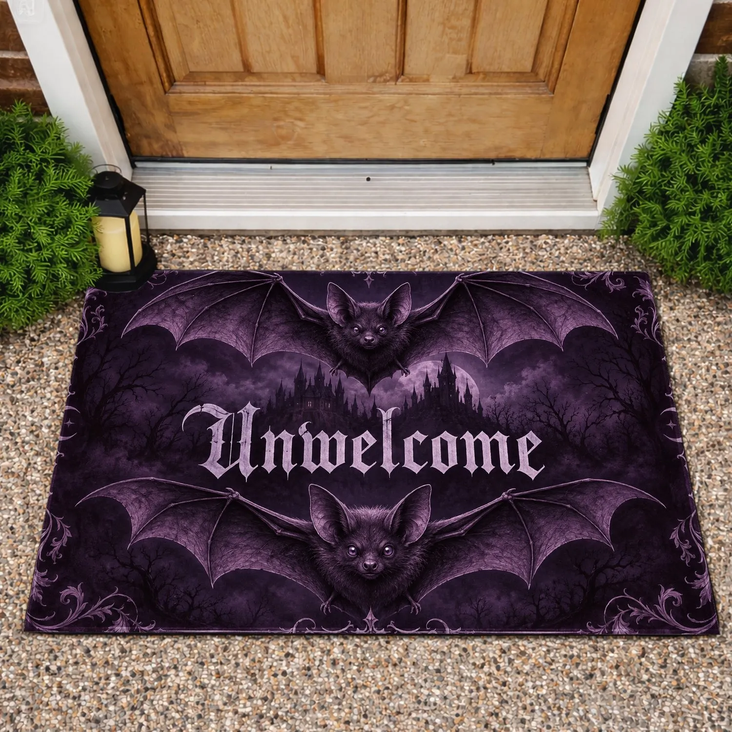Purple Bat Halloween Scene for Spooky Seasonal Entryway and Haunted Home Decor Displays Doormat - 1
