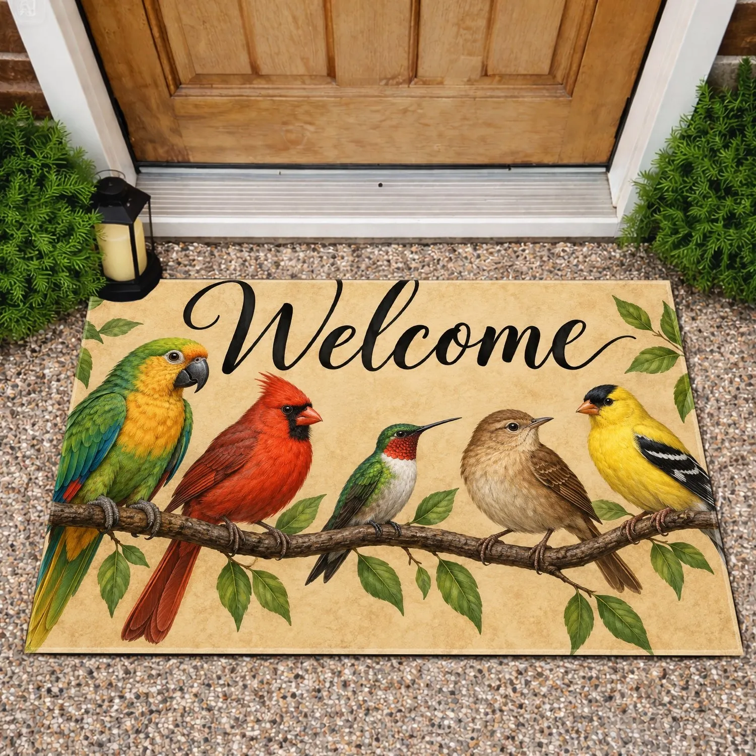 Colorful Perched Birds and Welcome Script for Cheerful Nature-Inspired Entryway Decor Doormat - 1
