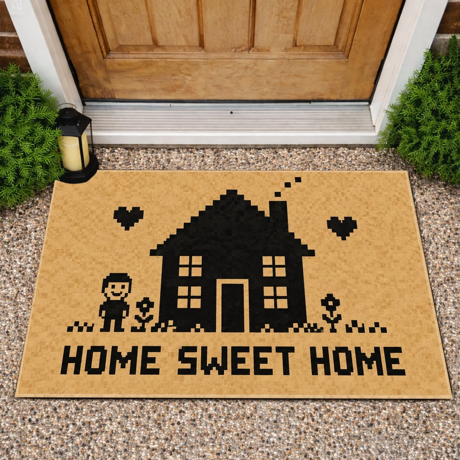 Pixel Art House and Friendly Figure for Cozy Home Entryway Decor Doormat - 1