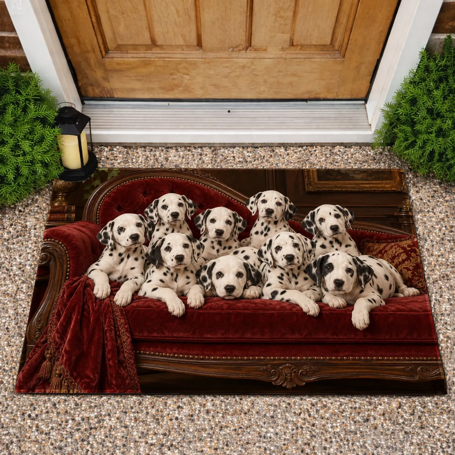 Spotted Dalmatian Puppies Lounging on Red Chaise for Cozy Pet Lover Home Styling Doormat - 1