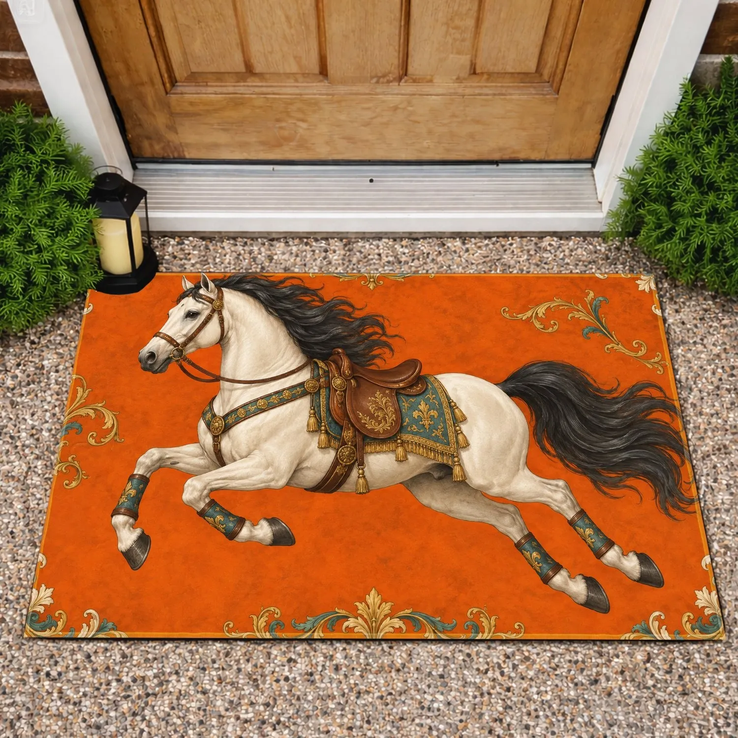 Ivory Leaping Horse With Ornate Tack for a Refined Equestrian-Inspired Home Entryway Doormat - 1