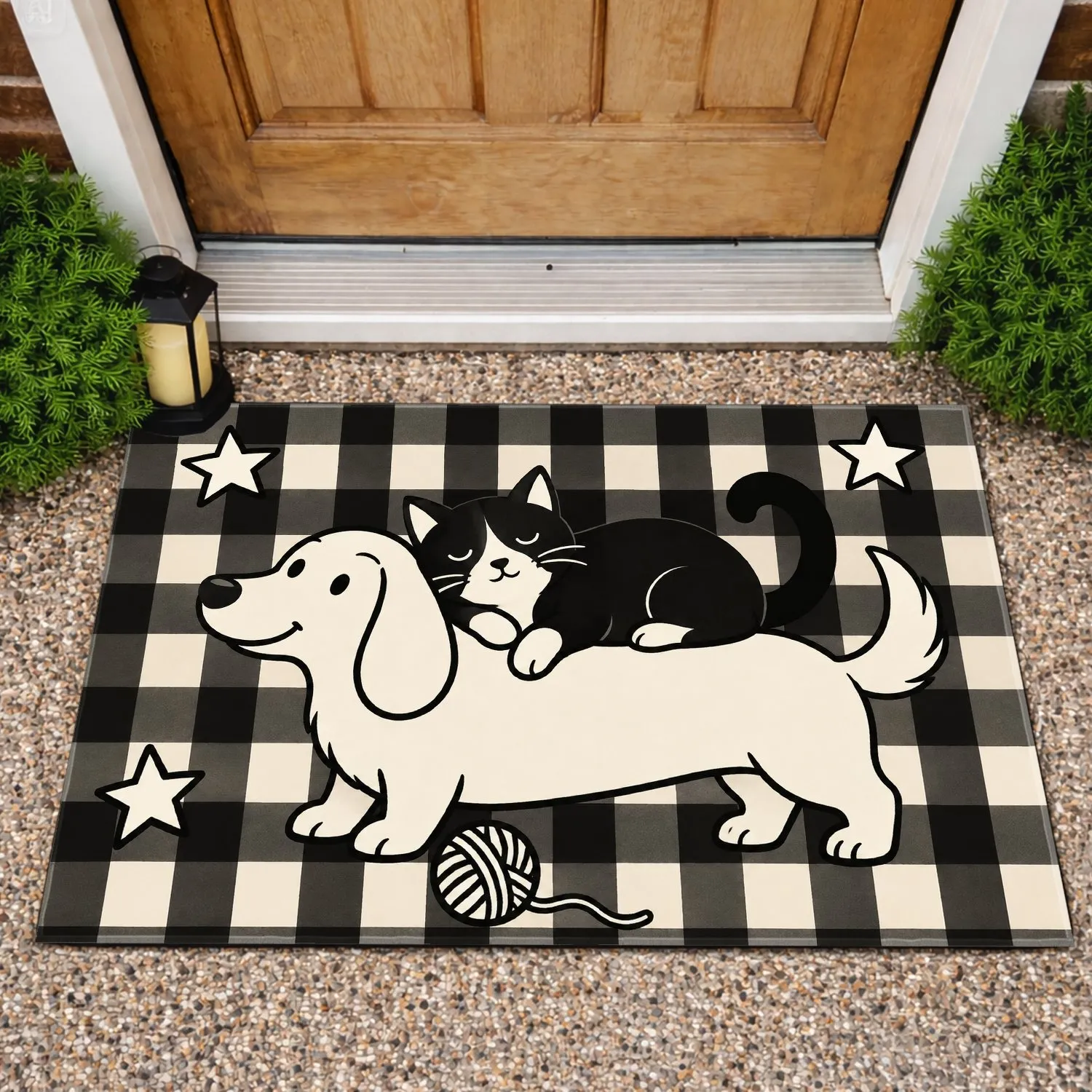 Black Cat Resting on White Dog for Cozy Farmhouse Pet Lovers Doormat - 1