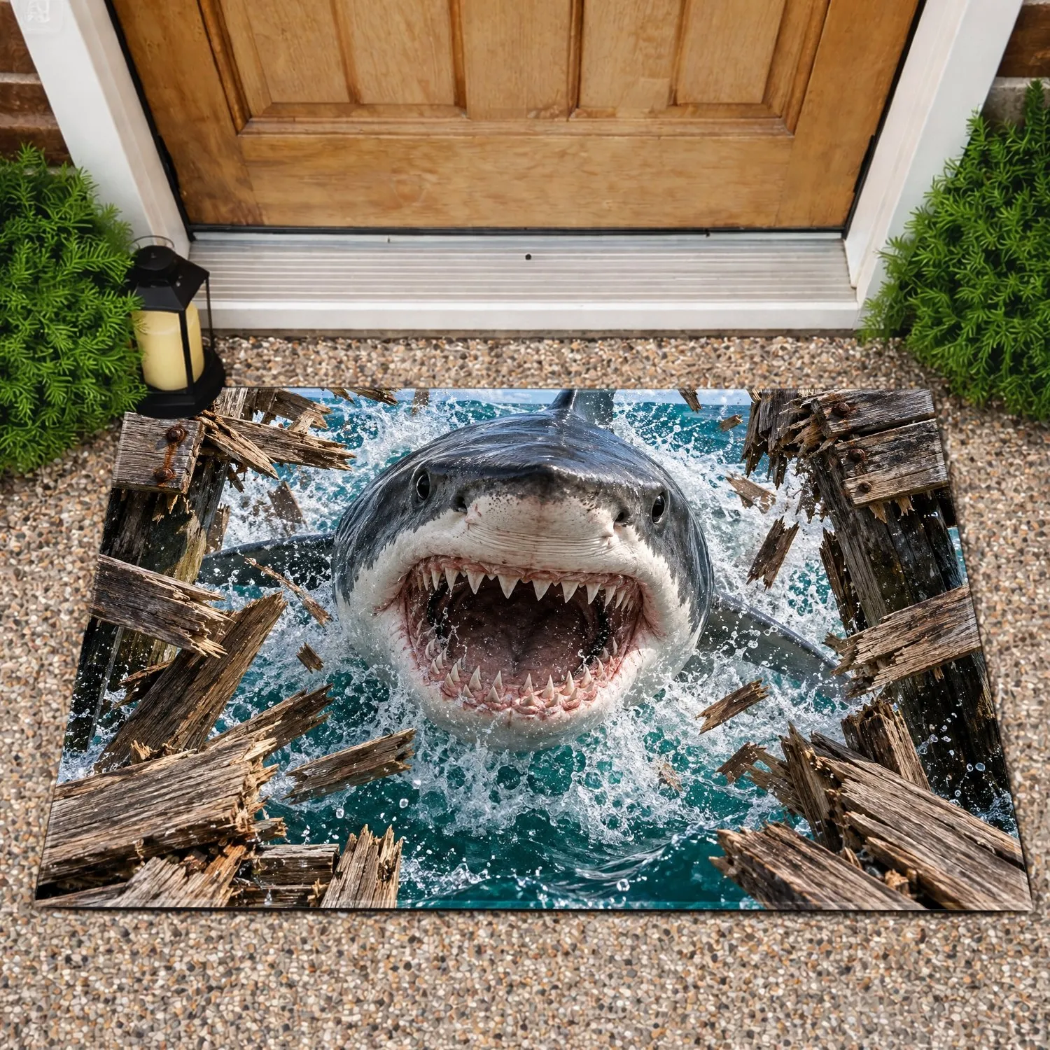Great White Shark Breaking Through Weathered Pier for Dramatic Coastal Home Decor Doormat - 1