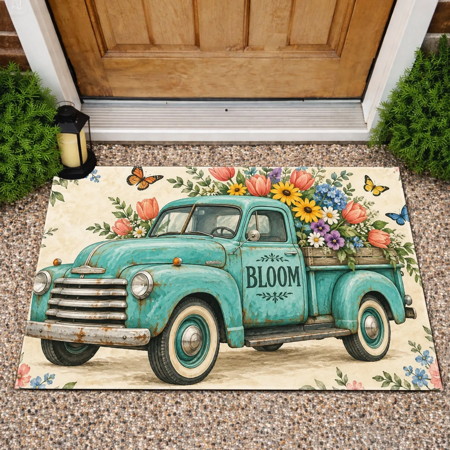 Vintage Flower Truck And Tulips For Cheerful Springtime Home Entry Style Doormat - 1