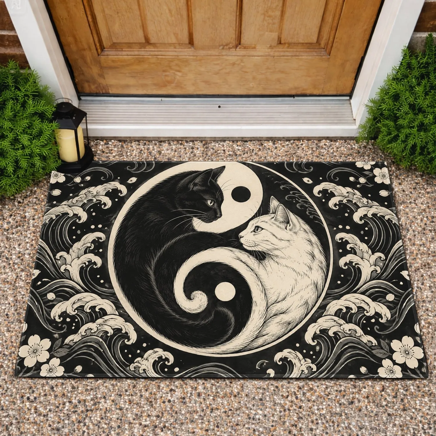 Yin Yang Cat Duo for Calm Zen Meditation Spaces and Peaceful Homes for Cat Lovers Doormat - 1