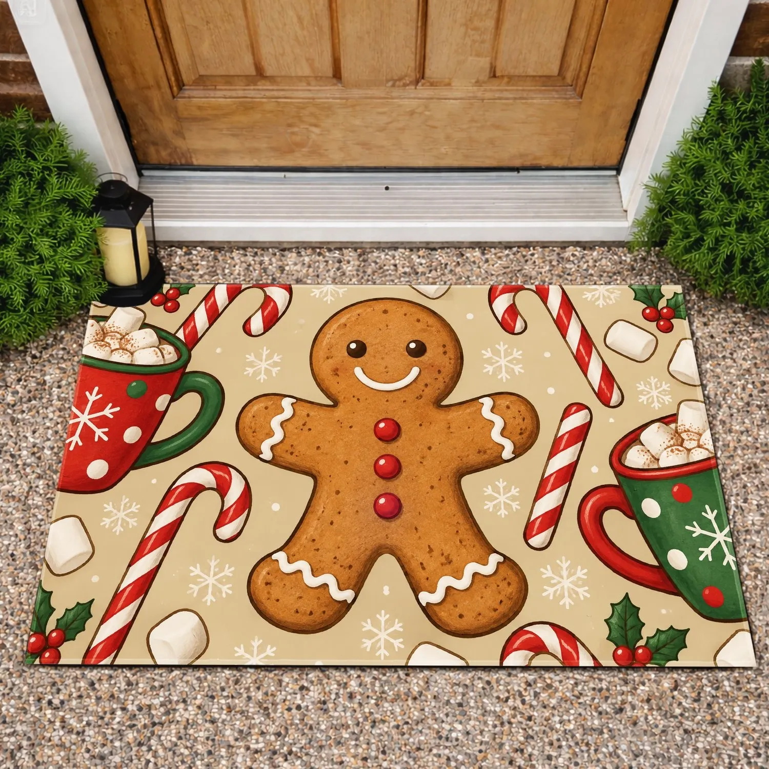 Gingerbread Man Candy Cane Mugs Christmas Treats for Cozy Holiday Kitchen Entryways Doormat - 1