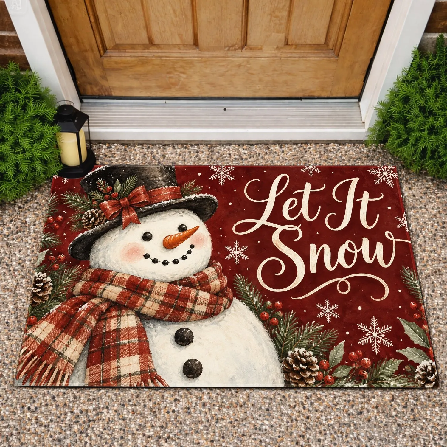 Vintage Snowman With Plaid Scarf for Christmas Winter Holiday Cheer and Seasonal Entry Doormat - 1