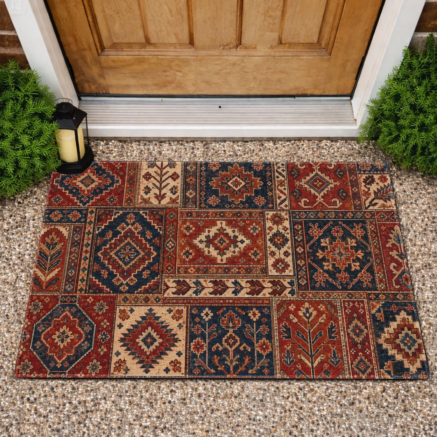 Vintage Red Persian Patchwork Motifs for Cozy Eclectic Bohemian Home Living Spaces Doormat - 1