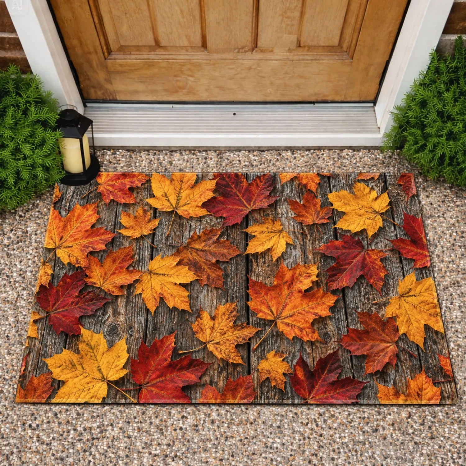 Vibrant Autumn Maple Leaves on Rustic Wood for Cozy Fall Entryway Seasonal Home Style Doormat - 1