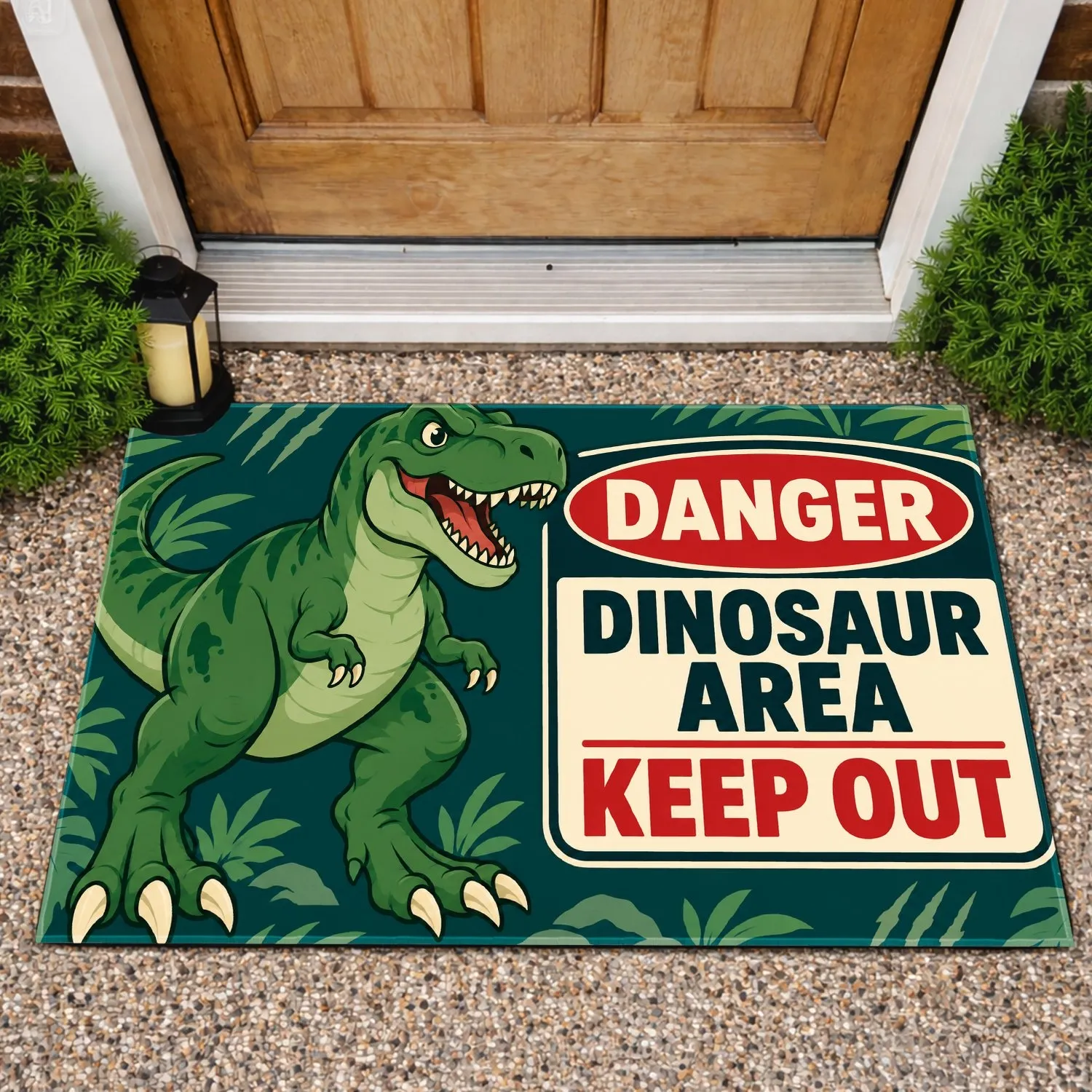 Green T Rex Danger Zone Sign For Dinosaur Fans And Playful Family Entryway Decor Doormat - 1