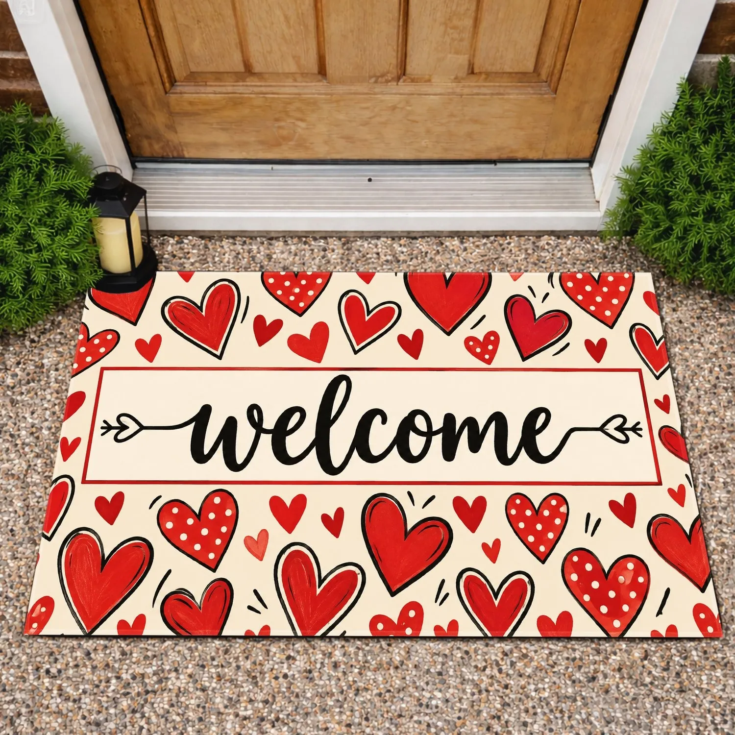 Red Heart Welcome Lettering for Valentine's Day Entryway and Romantic Home Decor Accent Doormat - 1