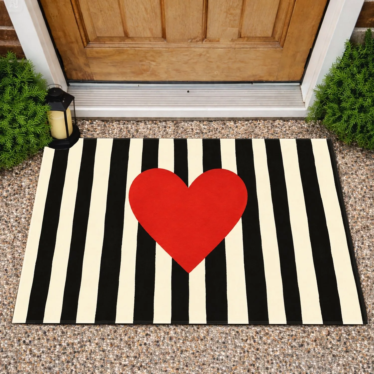 Black And Ivory Stripes With Red Heart For A Bold Everyday Entryway Style Classic Doormat - 1