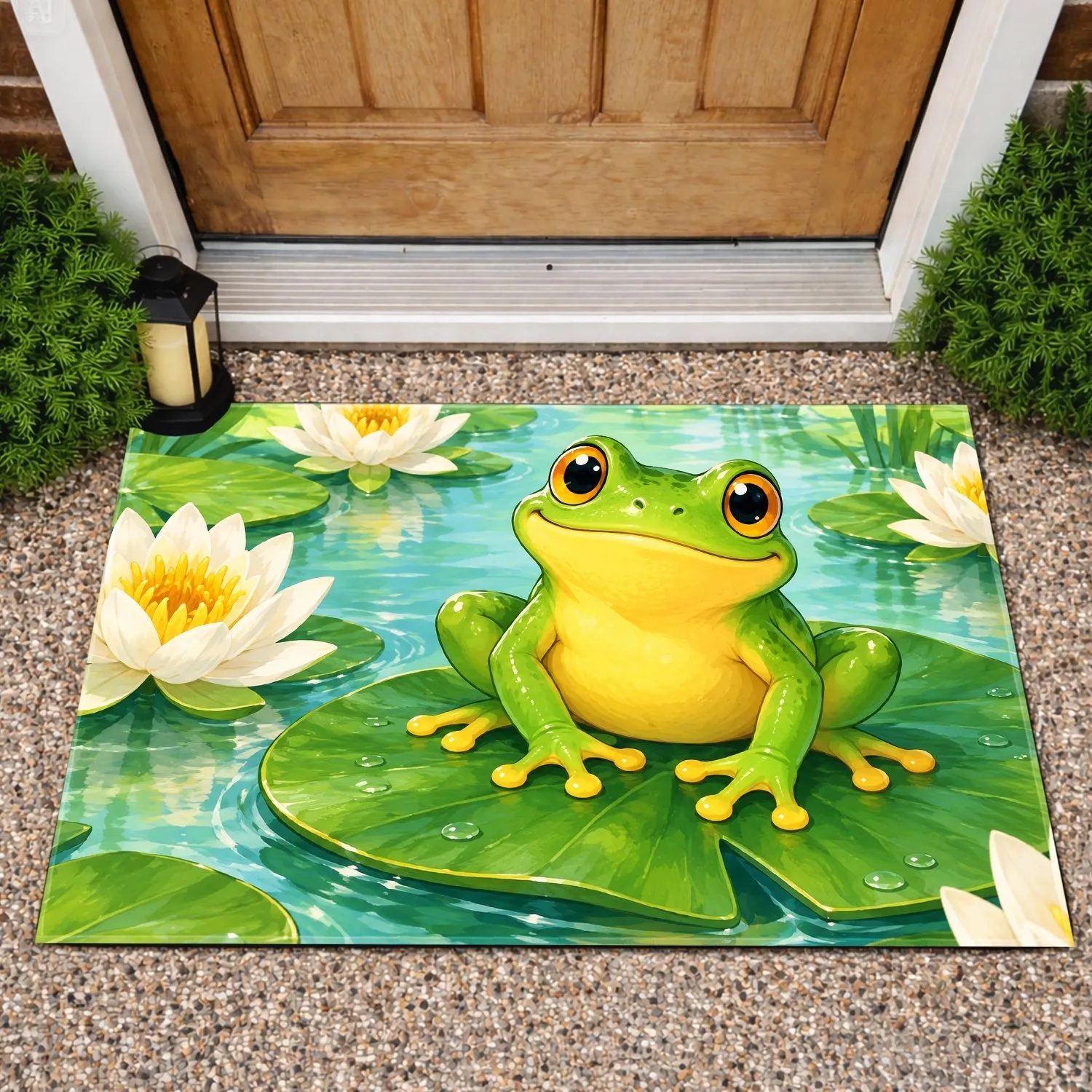 Playful Cartoon Frog on Lily Pad for Cheerful Nature-Inspired Homes and Garden Lovers Doormat - 1