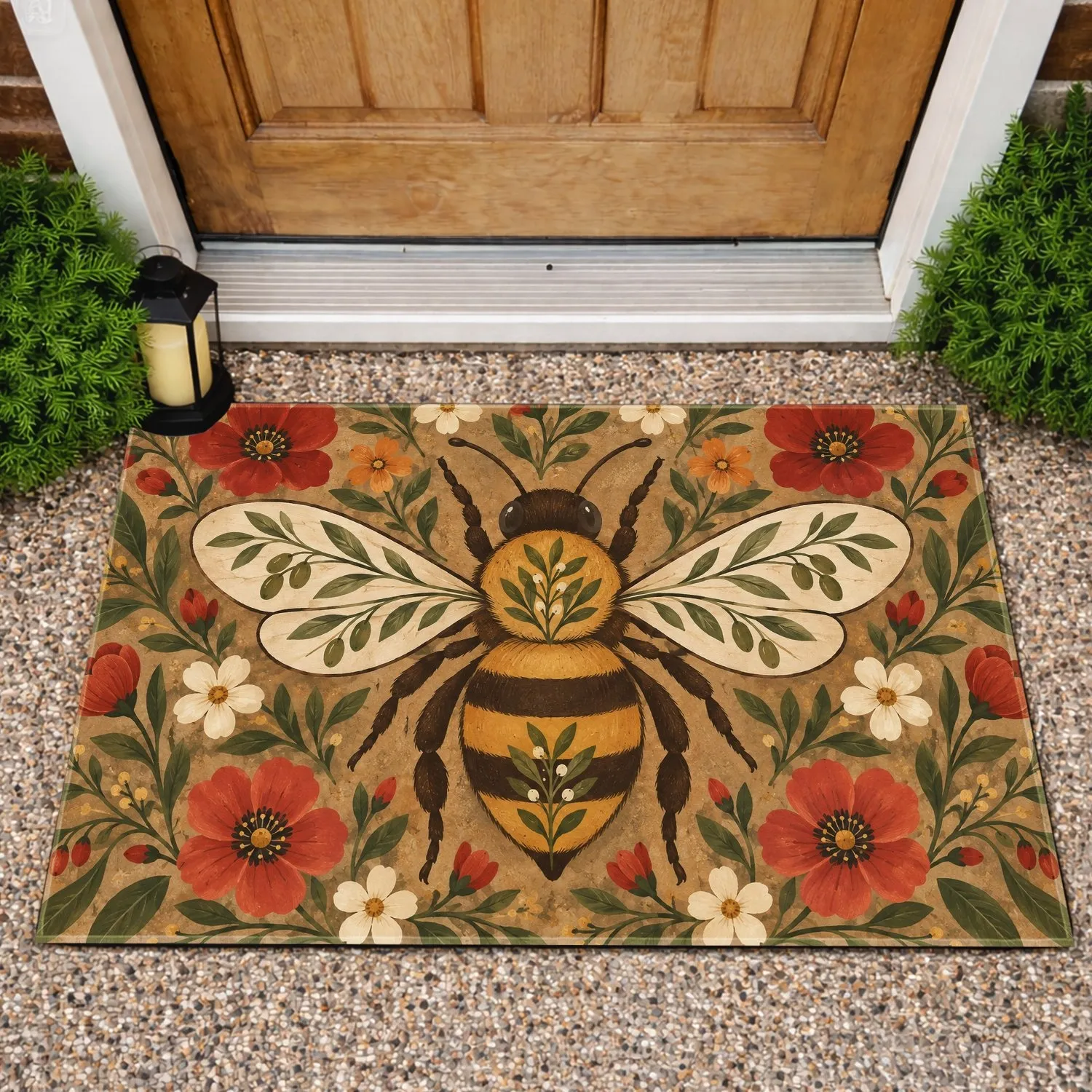 Vintage Floral Bee Garden Motif for Rustic Country Home Entryway and Cottage Style Doormat - 1