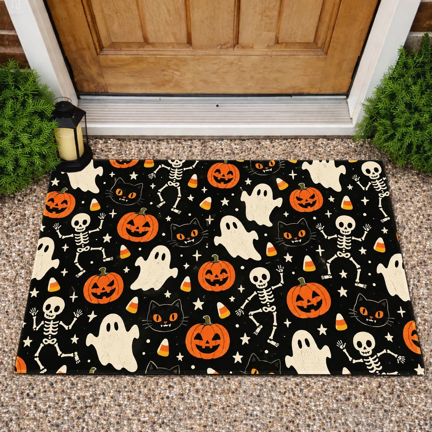 Halloween Ghosts, Skull Skeletons and Pumpkin Candy for Spooky October Entryways Doormat - 1