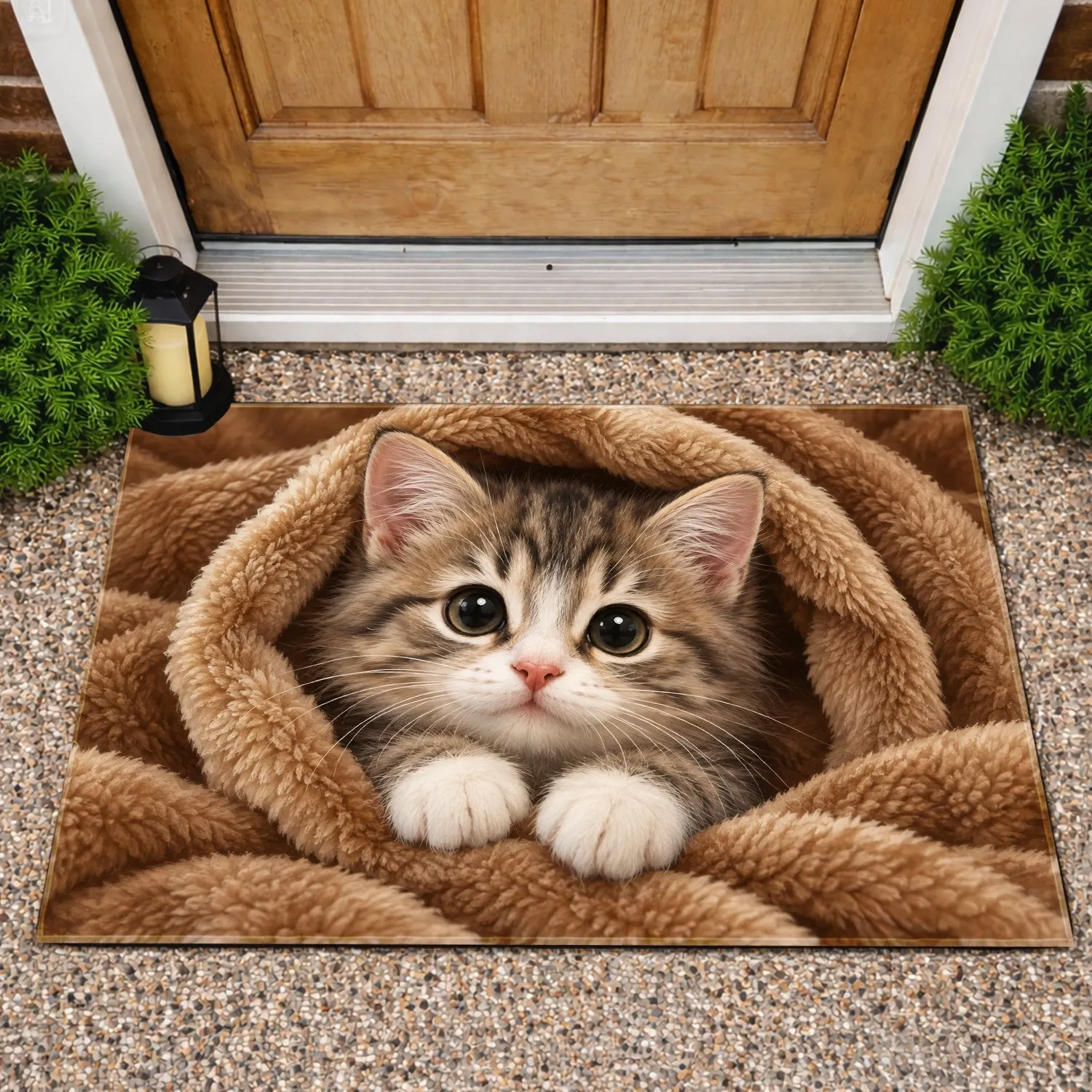 Fluffy Kitten Peeking From Cozy Blanket Nest for Cat Lovers and Cozy Homes Doormat - 1