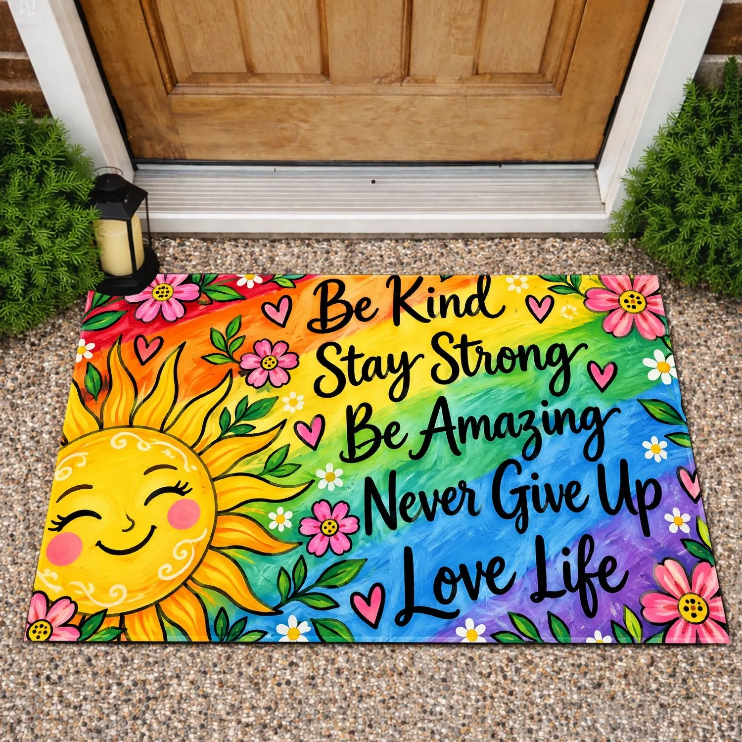 Rainbow Sun and Floral Encouragement for a Cheerful, Positive Everyday Home Entryway Doormat - 1