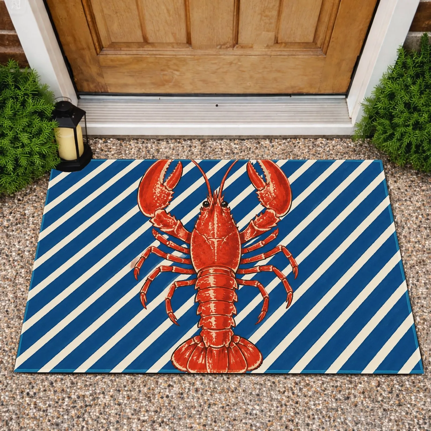 Red Lobster on Nautical Blue Stripes for Coastal Homes and Seaside Inspired Living Doormat - 1