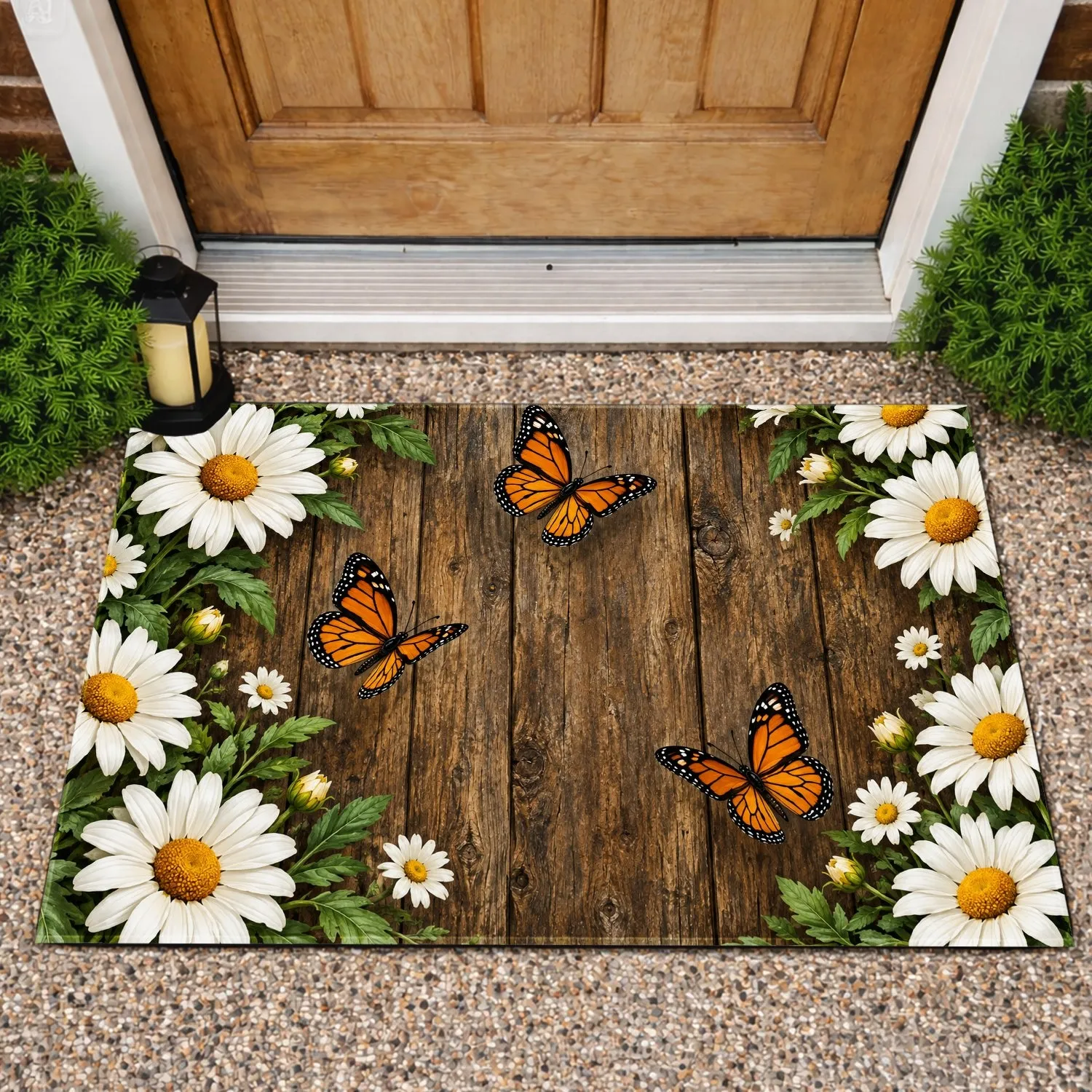 Daisy Butterfly Garden Scene for a Cheerful Cottage Entryway Doormat - 1