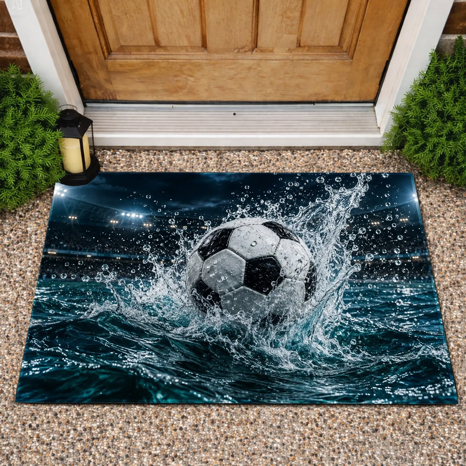 Soccer Ball Water Splash Night Stadium Scene for Football Fans and Game Day Doormat - 1