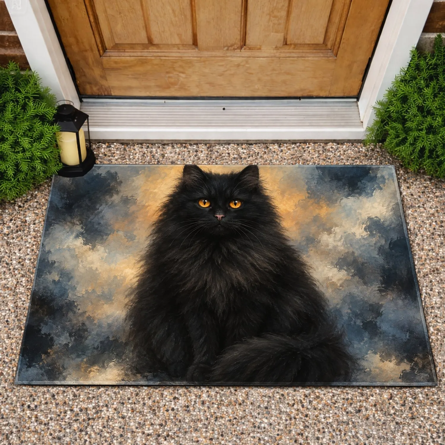 Glowing-Eyed Black Cat Portrait for Cozy Pet-Loving Homes, Feline Fans and Cat Lovers Doormat - 1