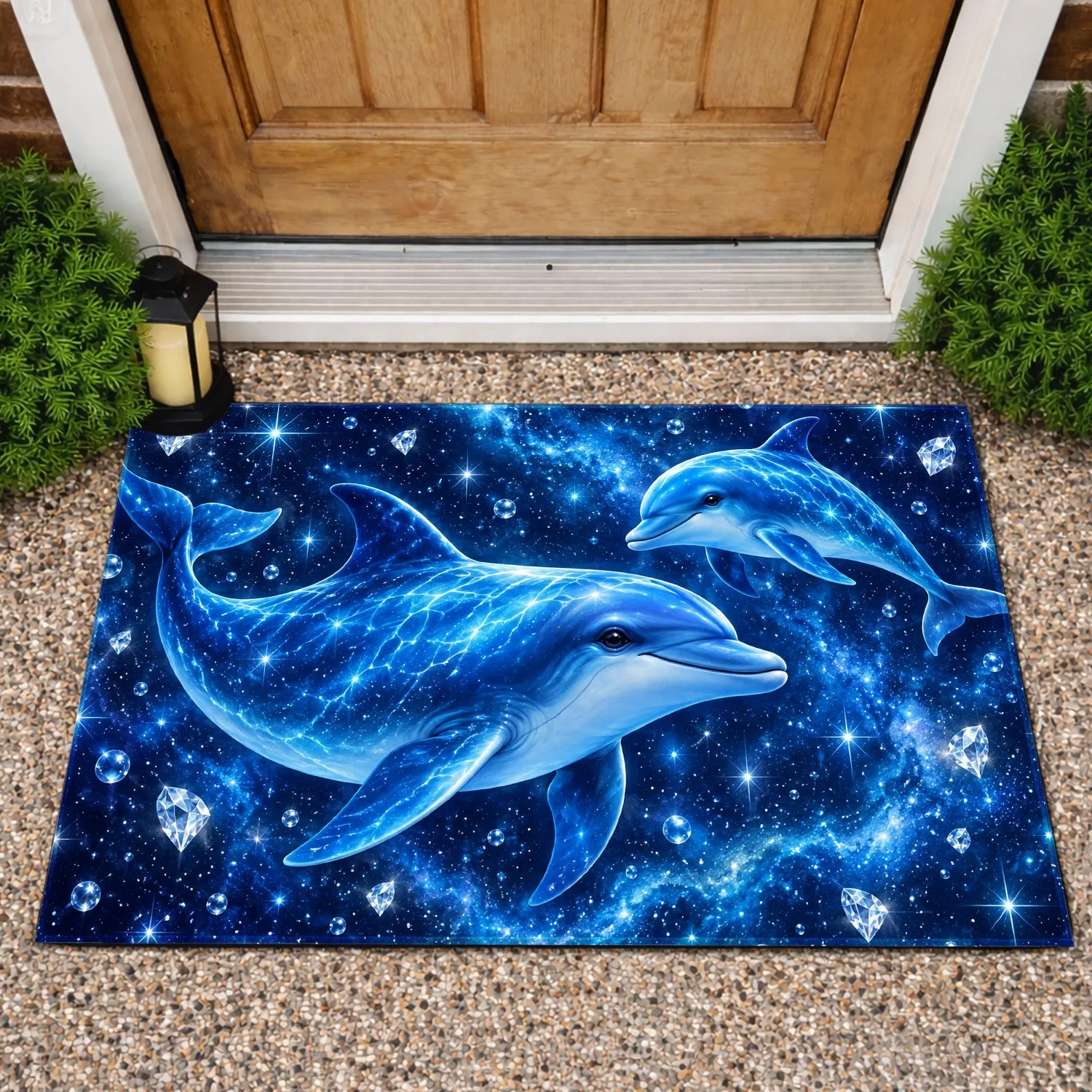 Radiant Blue Dolphin Night Sky Scene for Ocean Loving Homes and Coastal Home Style Doormat - 1