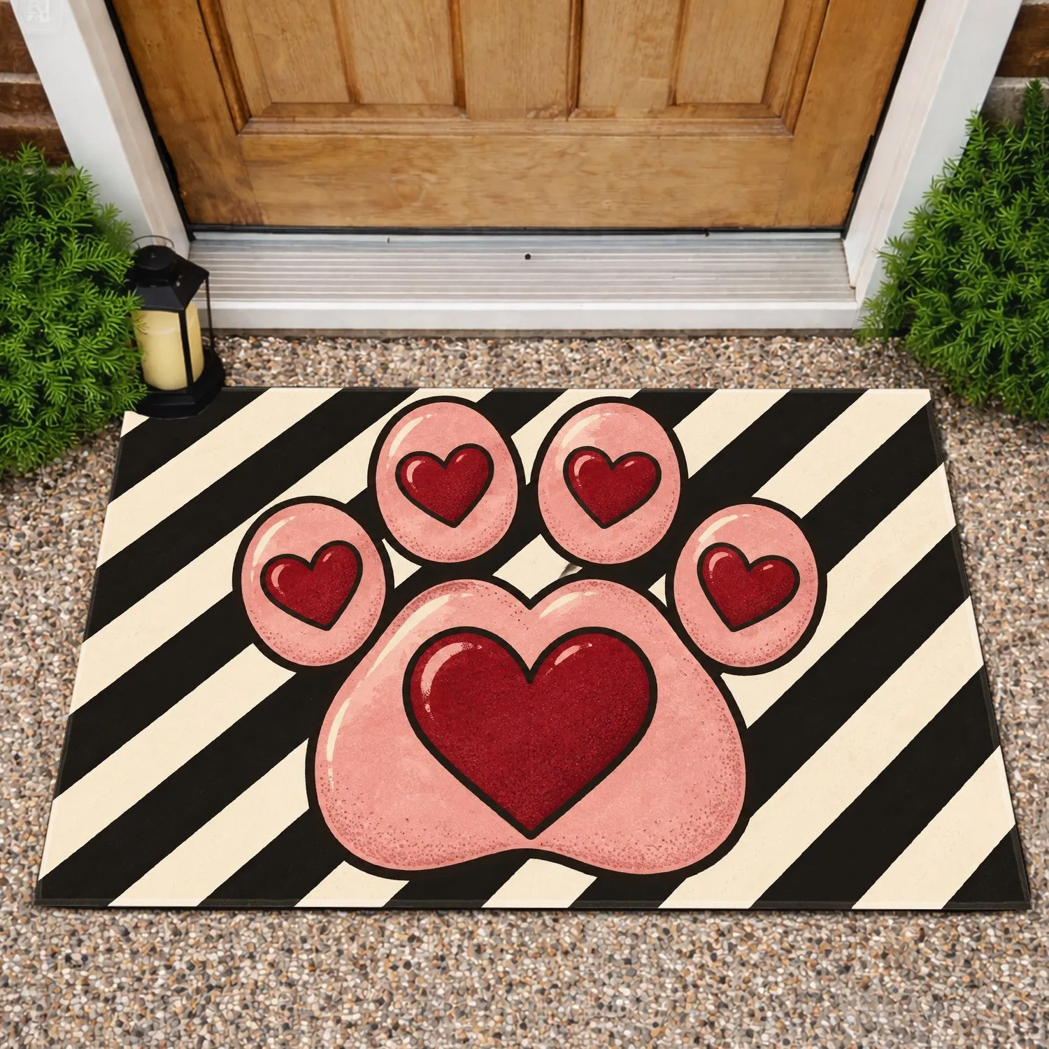Valentine Heart Paw Print With Bold Stripes for Pet Lovers and Romantic Homes Doormat - 1