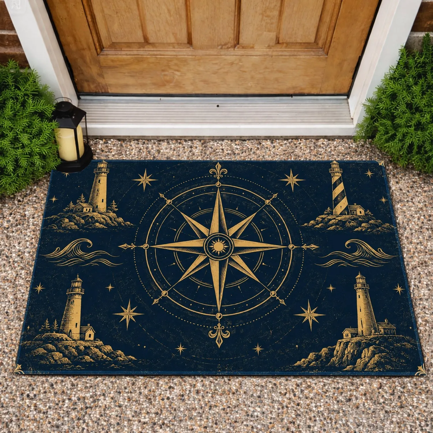 Antique Compass Rose And Lighthouse Scene For Nautical Coastal Home Style Doormat - 1