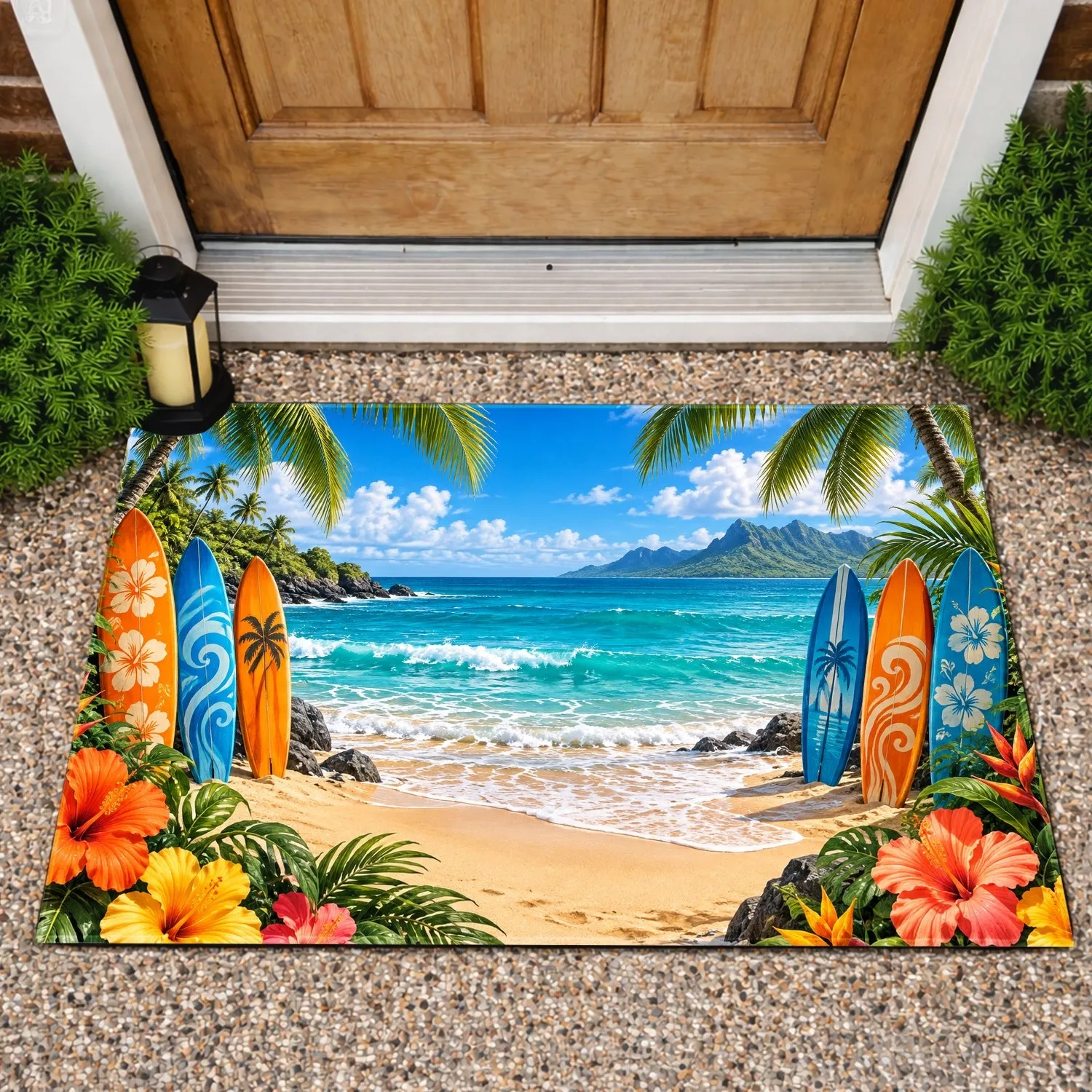 Colorful Tropical Surfboards and Ocean Blooms for Relaxed Coastal Living by the Sea Doormat - 1