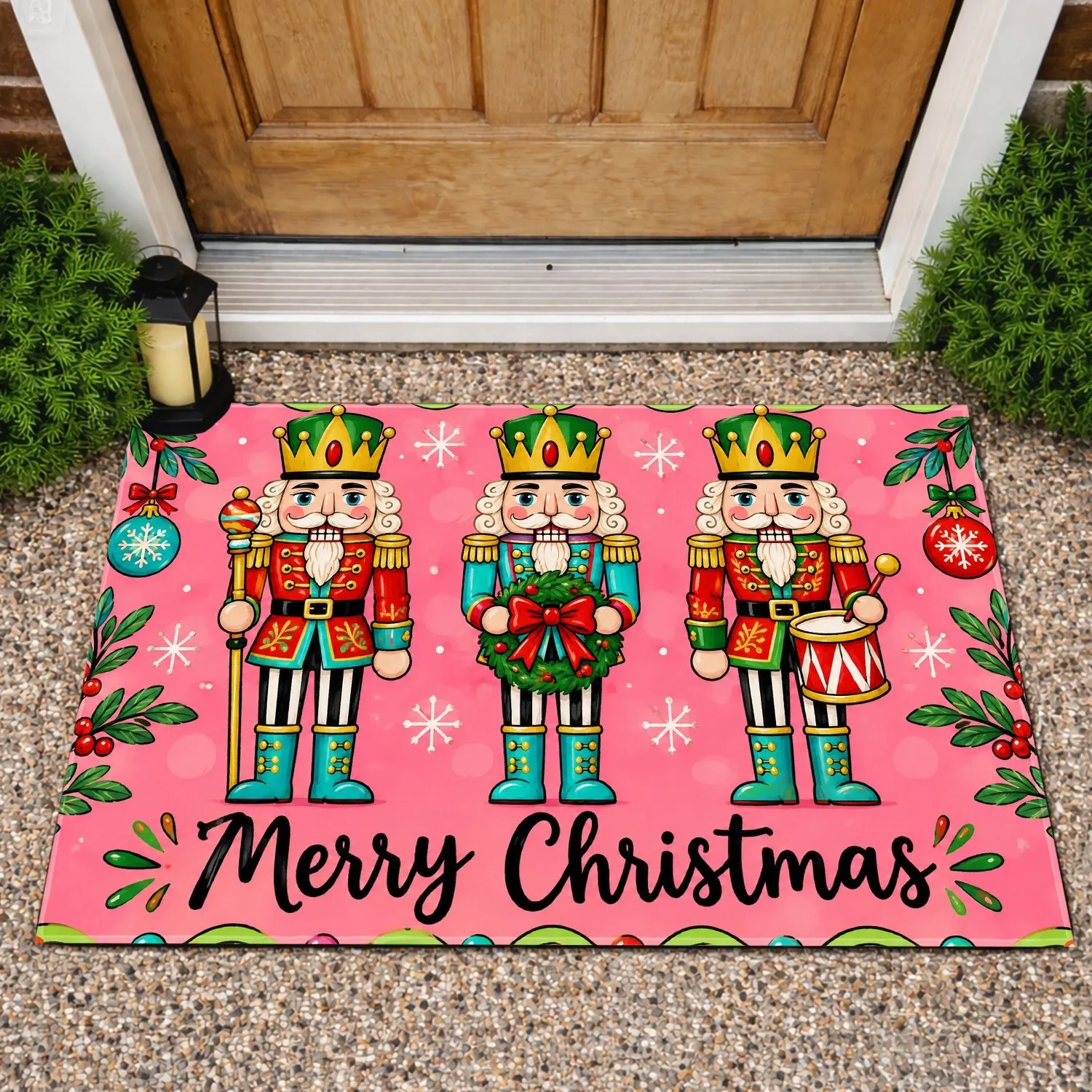 Three Colorful Nutcracker Soldiers for a Merry Christmas Holiday Entryway Celebration Doormat - 1
