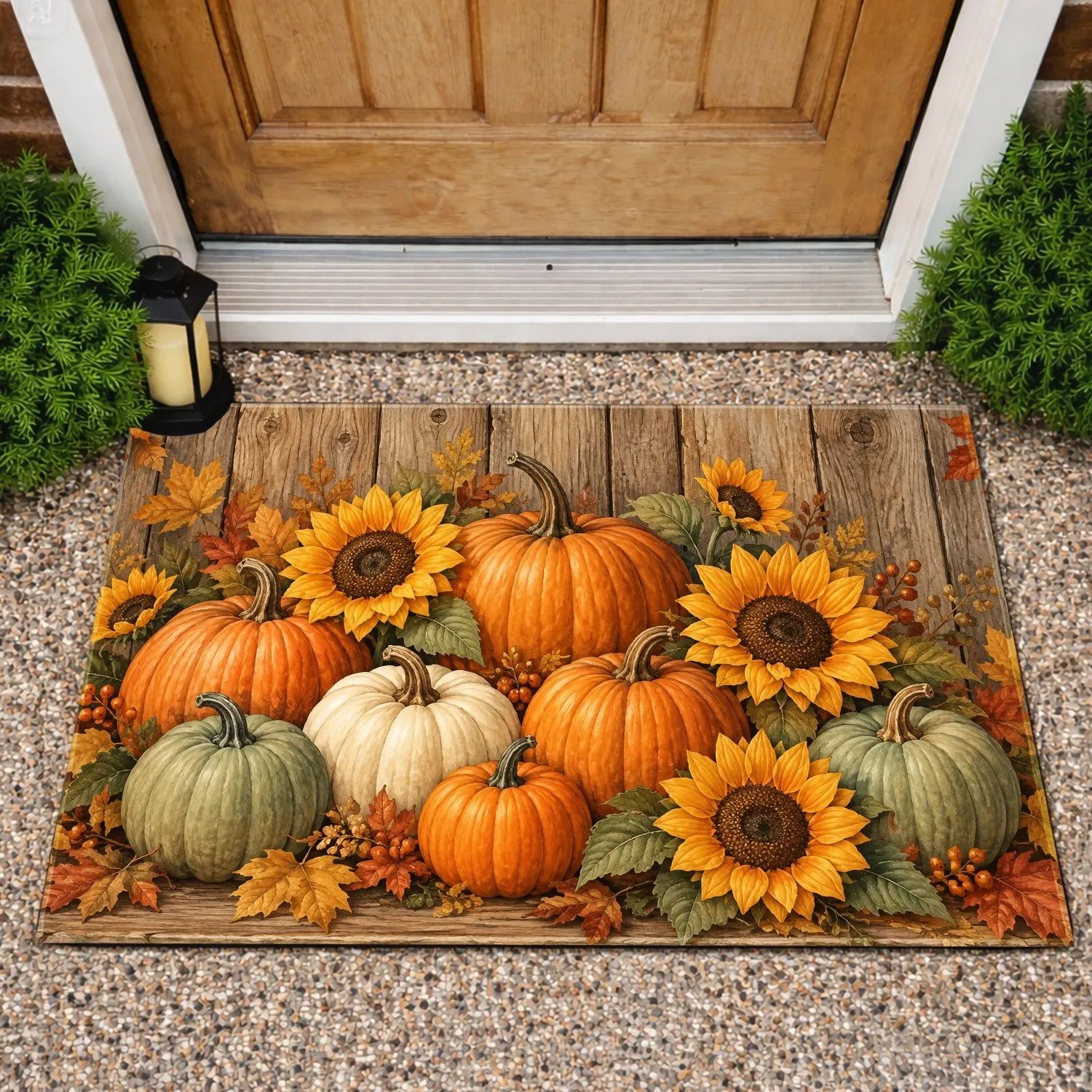 Rustic Autumn Pumpkin and Sunflower Harvest Scene for Cozy Seasonal Home Decorating Doormat - 1