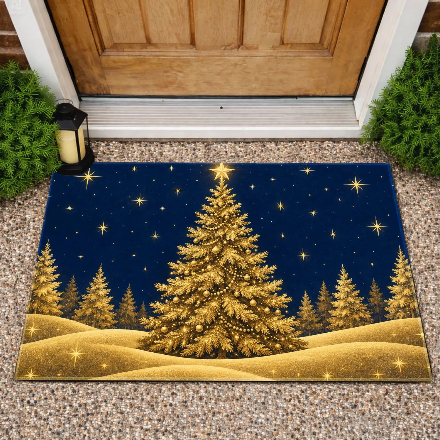 Golden Christmas Tree Beneath Starry Night Sky for Festive Holiday Entryway Styling Doormat - 1