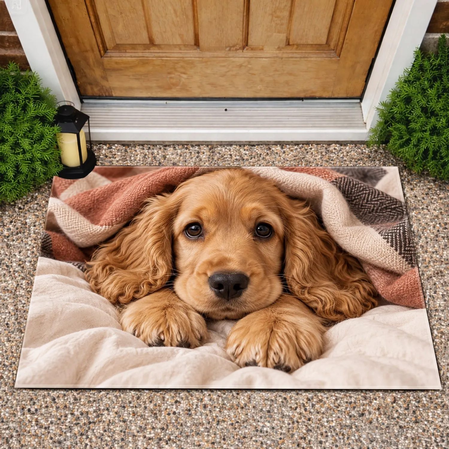 Golden Cocker Spaniel Puppy Under Cozy Blanket for a Warm, Welcoming Home Entryway Doormat - 1