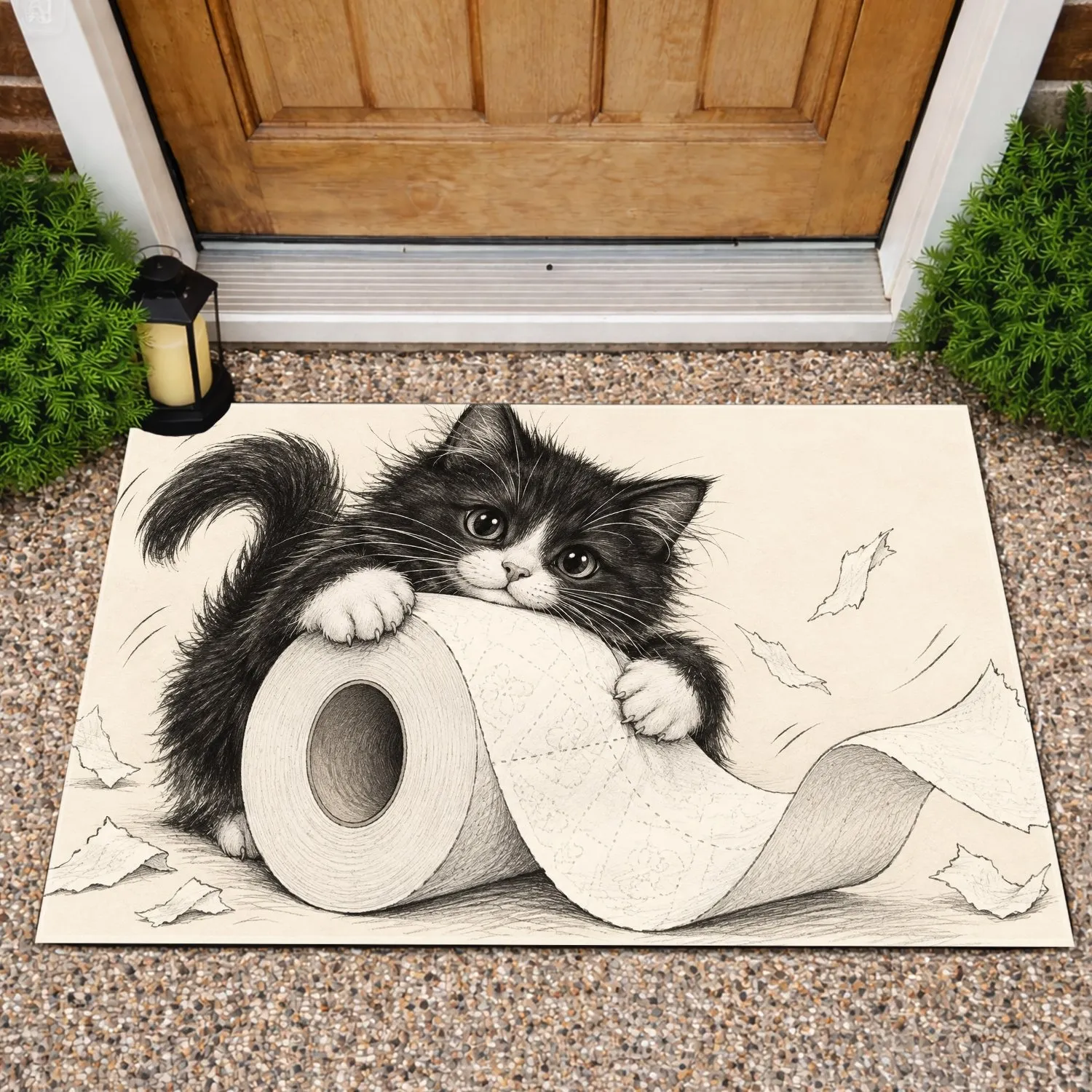 Black And White Cat With Toilet Paper For Playful Cat Lover Homes Doormat - 1