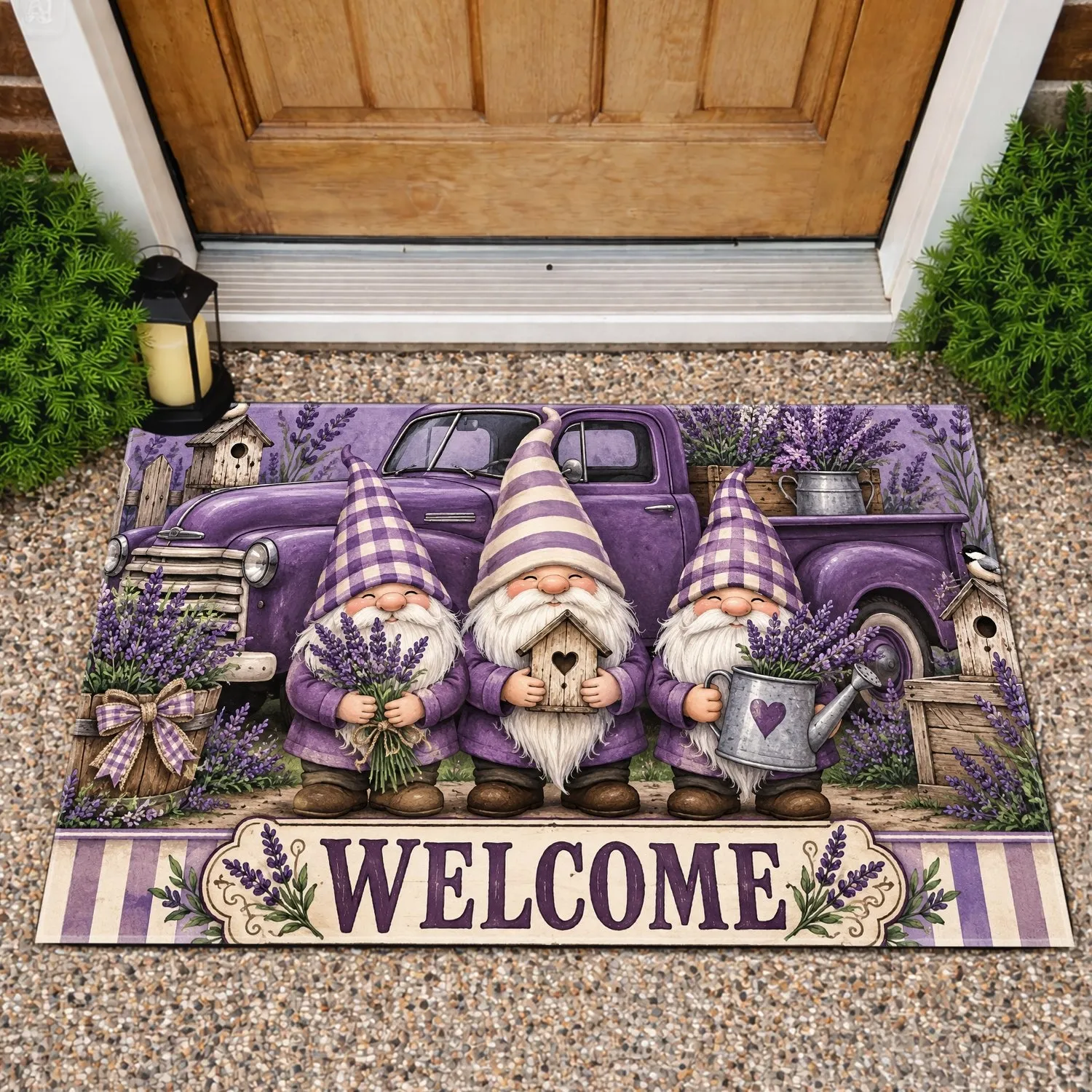 Purple Pickup Truck And Lavender Gnomes For Farmhouse Entryway And Cottage Living Doormat - 1