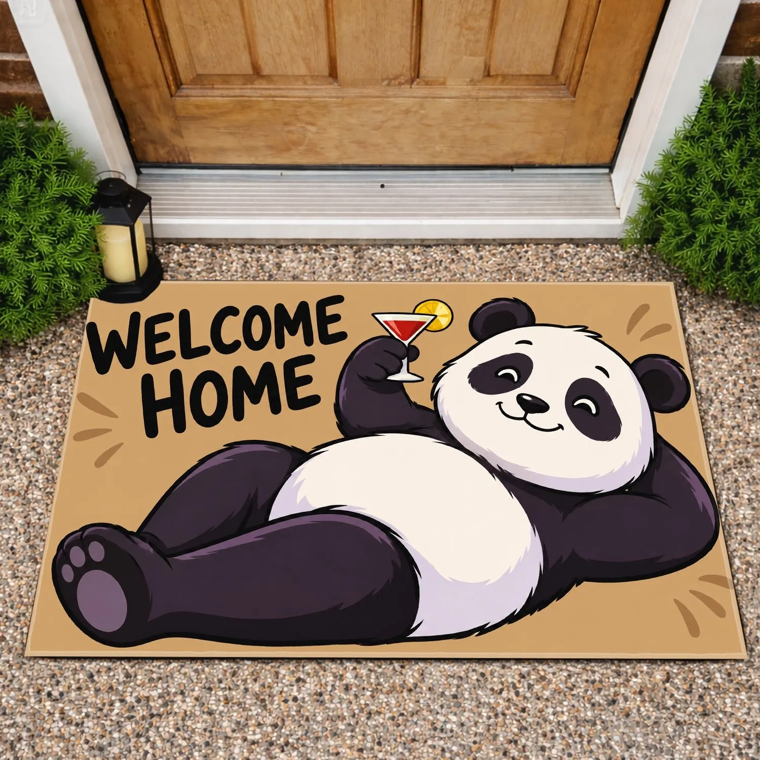 Relaxed Panda With Welcome Home Message For A Warm, Playful Family Homecoming Gift Doormat - 1