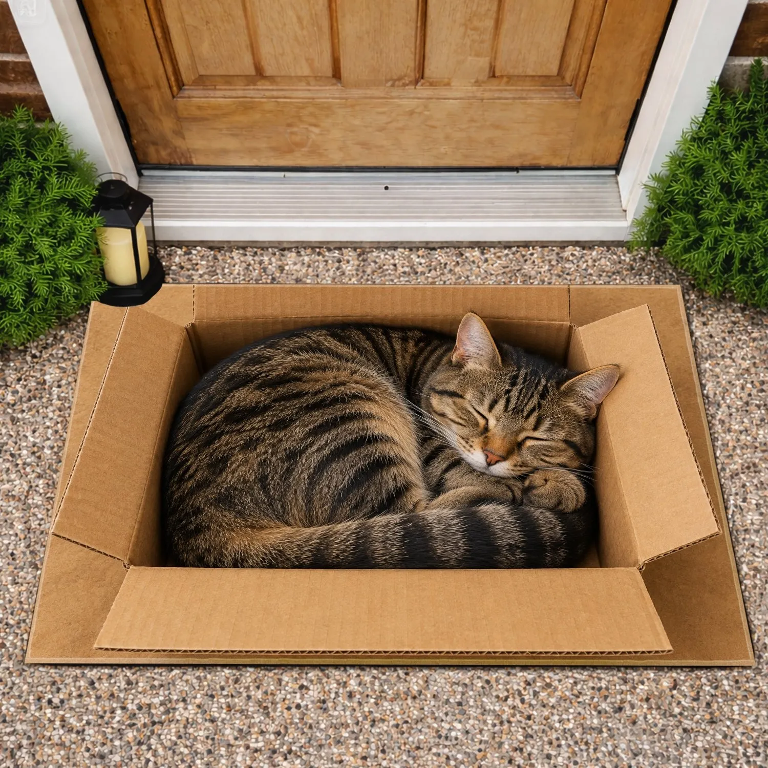 Curled Tabby Cat Asleep in Cardboard Box for Cozy Cat Lover Home Decor Gift Idea Doormat - 1