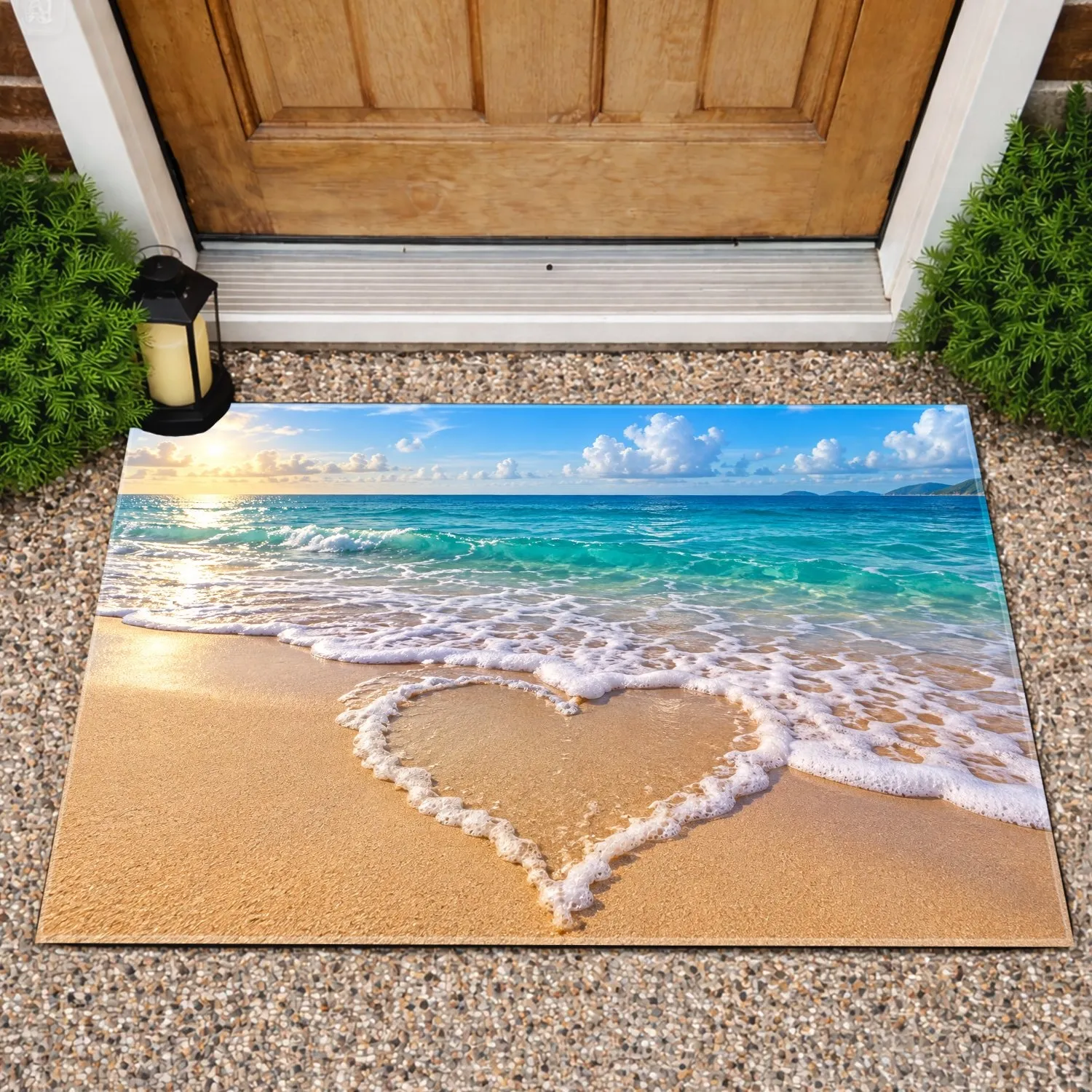 Foam Heart Beach Shoreline for Romantic Coastal Home and Summer Escapes Doormat - 1