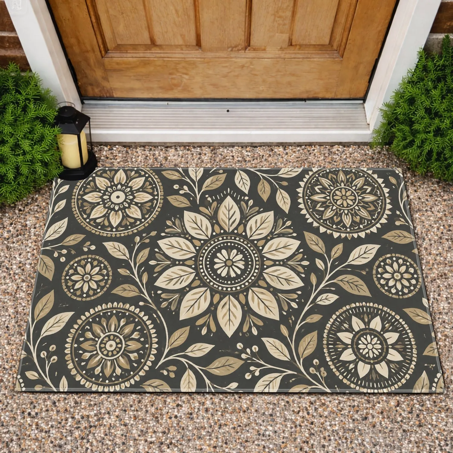 Charcoal Mandala Leaf Motifs for Calm Botanical Entryway Style in Welcoming Homes Doormat - 1