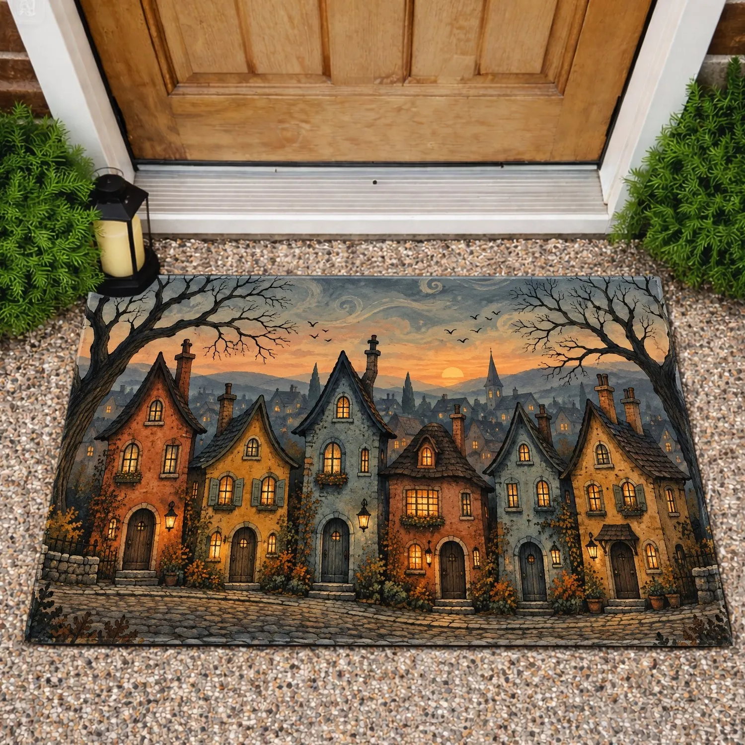 Whimsical Crooked Haunted Village Houses for Halloween Night and Seasonal Home Décor Doormat - 1
