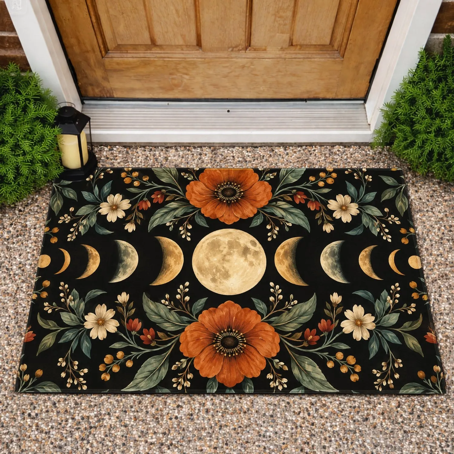 Celestial Moon Phase Floral Motif for Bohemian Entryways and Nature-Inspired Homes Doormat - 1