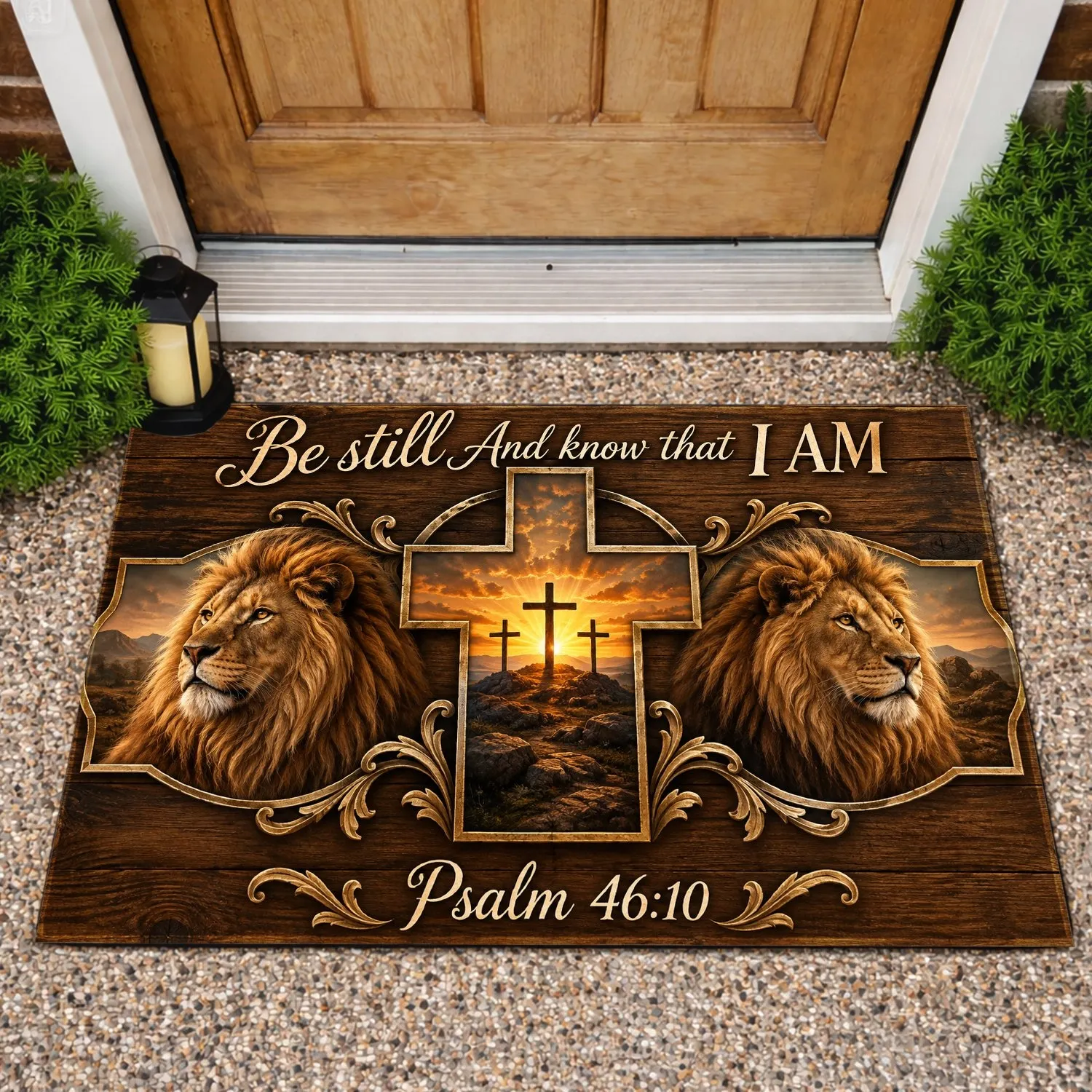 Lion And Cross Scripture Scene for Faith-Filled Christian Home Entryway Inspiration Doormat - 1