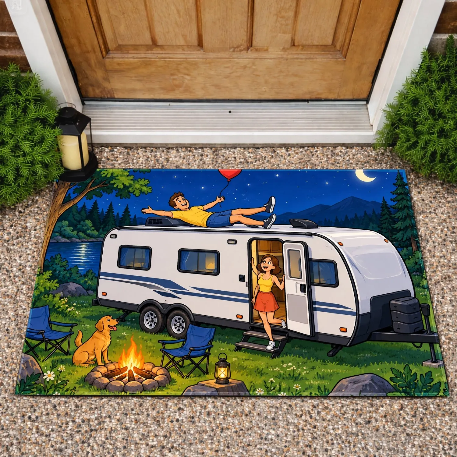 Night Camping Couple With RV And Heart Balloon For Cozy Outdoor Adventure Lovers Doormat - 1