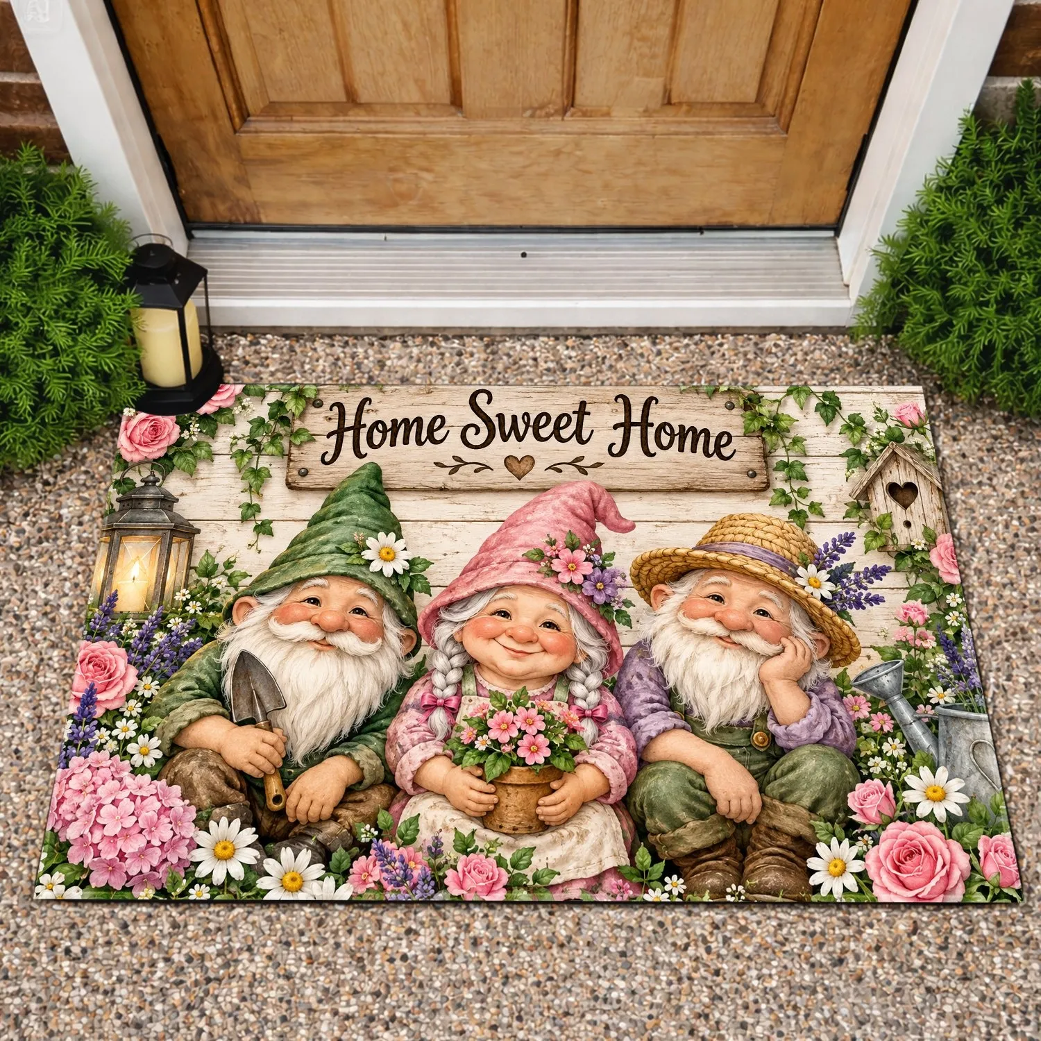 Garden Gnome Home Sweet Home Floral Entryway Charm For Cottage Garden Lovers Doormat - 1